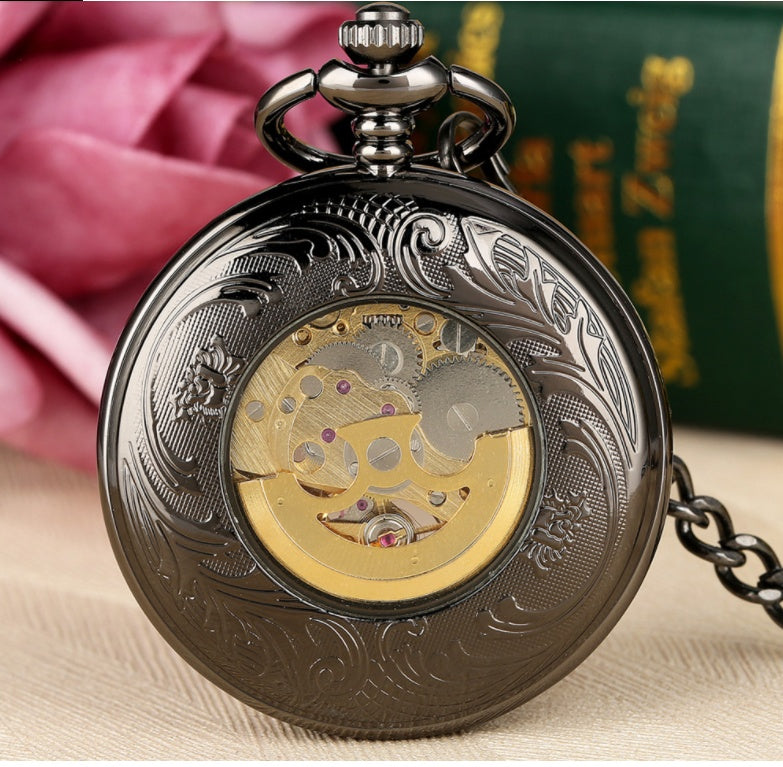 Flip Cover Transparent Carved Magnifying Glass Automatic Engraving Mechanical Pocket Watch