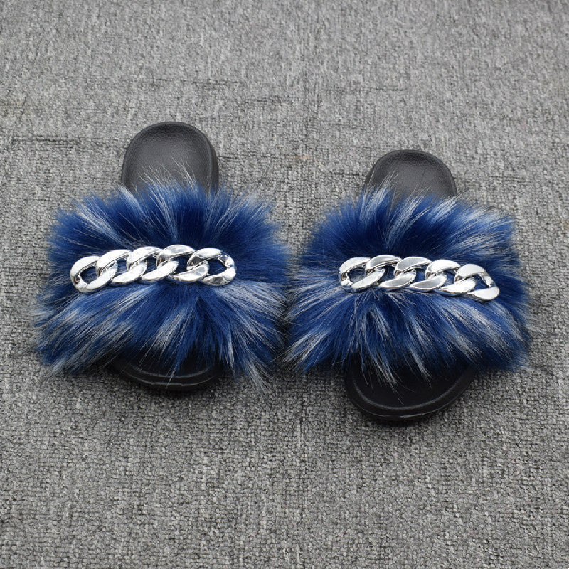 Fur Fur Slippers Chain Faux Fur Flip Flops