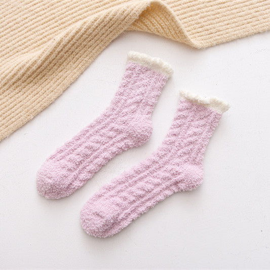Solid color coral fleece mid-tube women's socks
