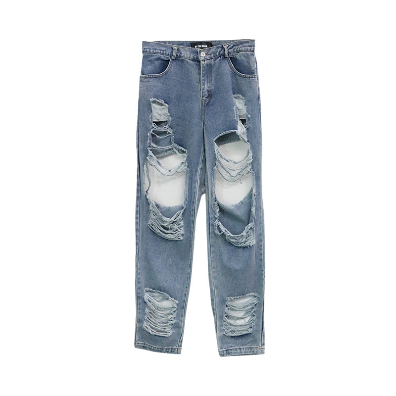 Ripped exposed leg casual wide-leg jeans