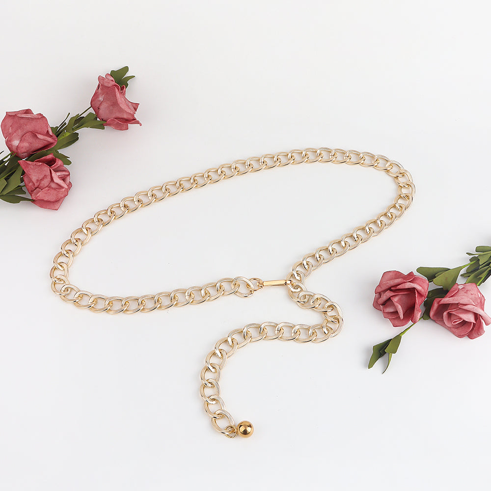 Metallic Hollowed-out Texture Gold Women's Waist Chain With Retro Single Loop Body Chain With Blouse Dress Sexy Waist Accessories