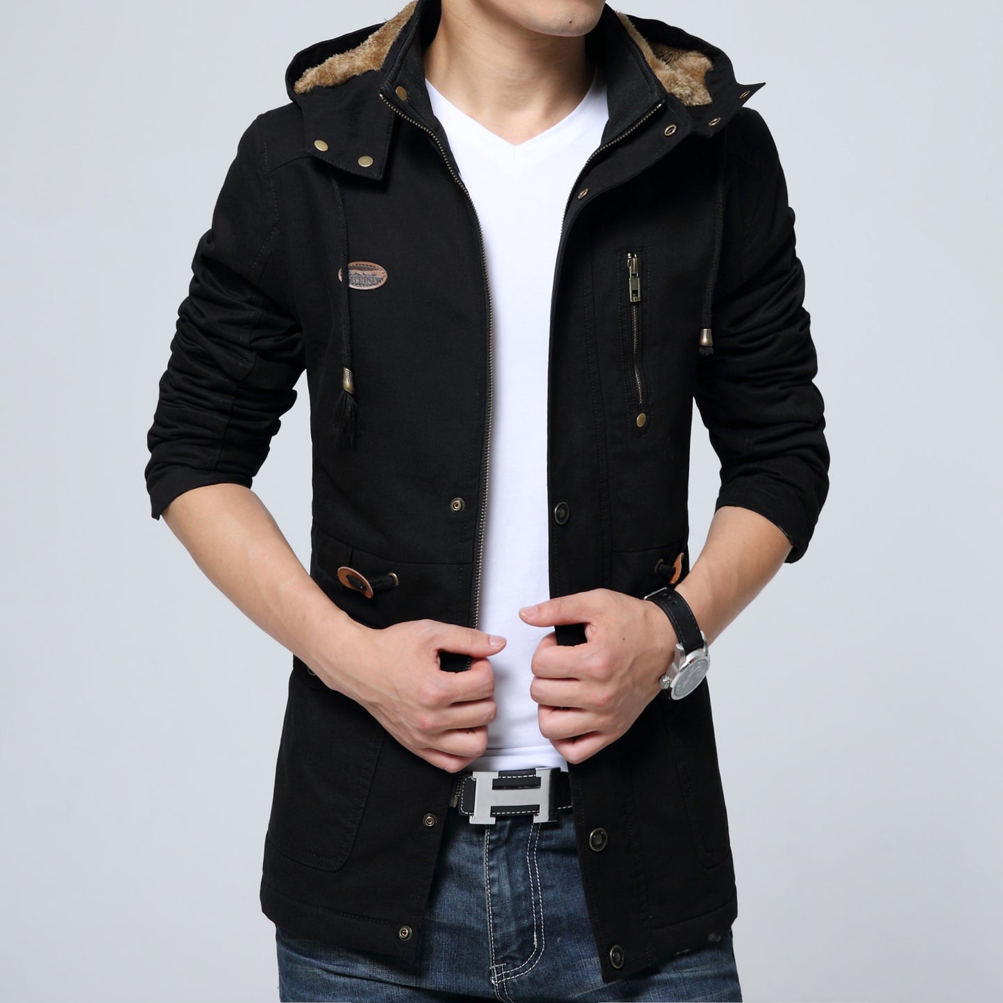 Autumn and winter new men's plus velvet trench coat