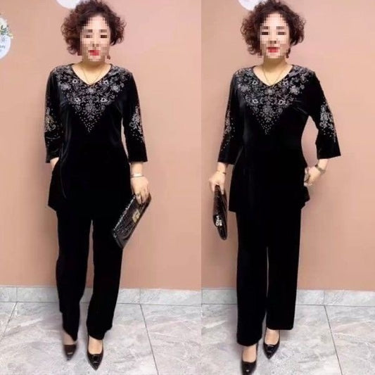 Stylish Gold Velvet Cropped-Sleeve Pants Two-Piece Set