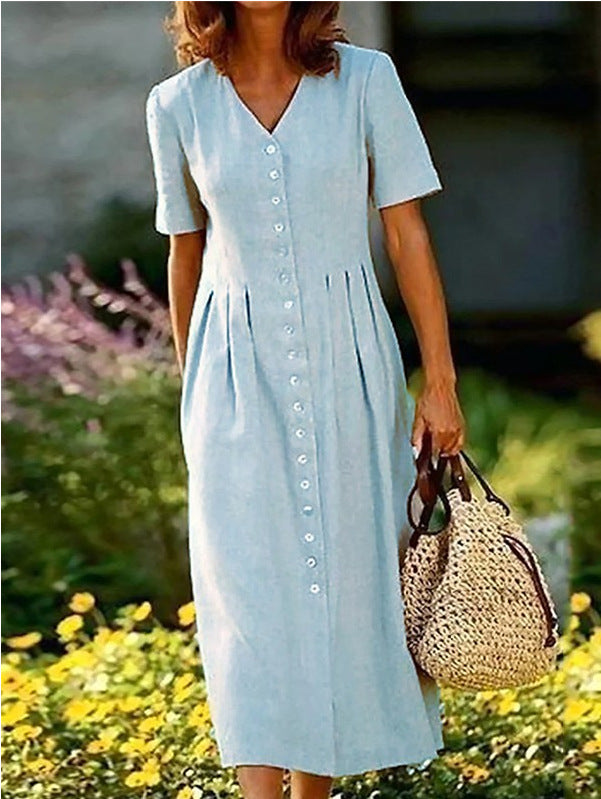 V-neck Shirt Dress With Short Sleeves For Women