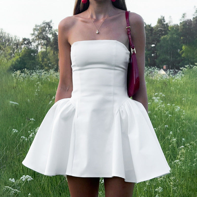 Womens Solid-Color Elegant Strapless High-Waist Pleated Dress