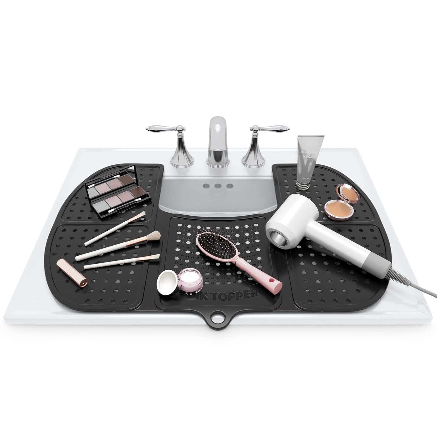 Bathroom Counter Cover & Storage Saver, Foldable Mat for Hot Tools, Hair Styling & Makeup, Beauty Brush Cleaning Mat, RV Camper Sink Cover & for Small Spaces (Standard Pacific Blue)