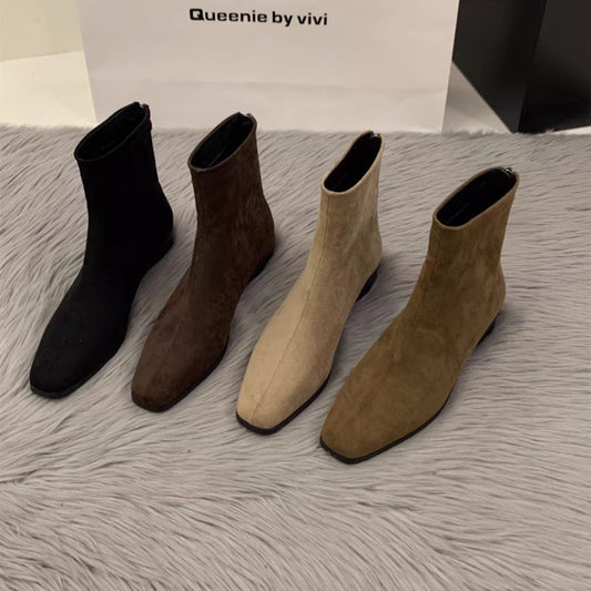 Womens Chunky-Heel Suede All-Match Fleece-Lined Stylish Ankle Boots