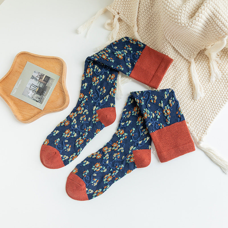 Women's Autumn And Winter Combed Cotton Floral Long Tube Socks