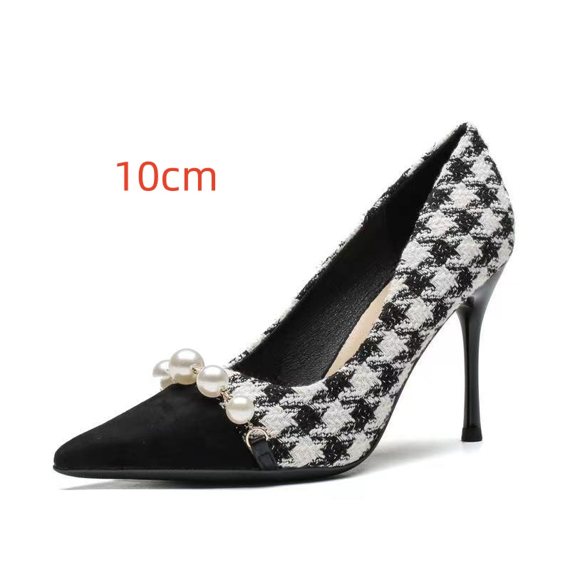 Shallow Mouth Pointed Pearl Chain Plaid Women's Single Shoes