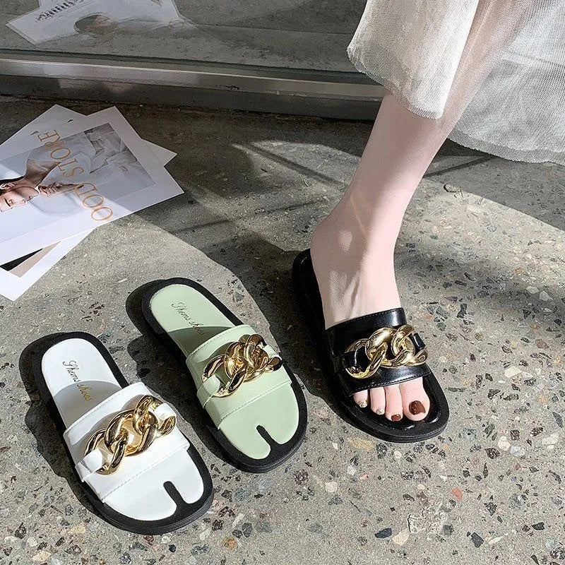 Casual One-word Female Drag Metal Chain Lazy Sandals