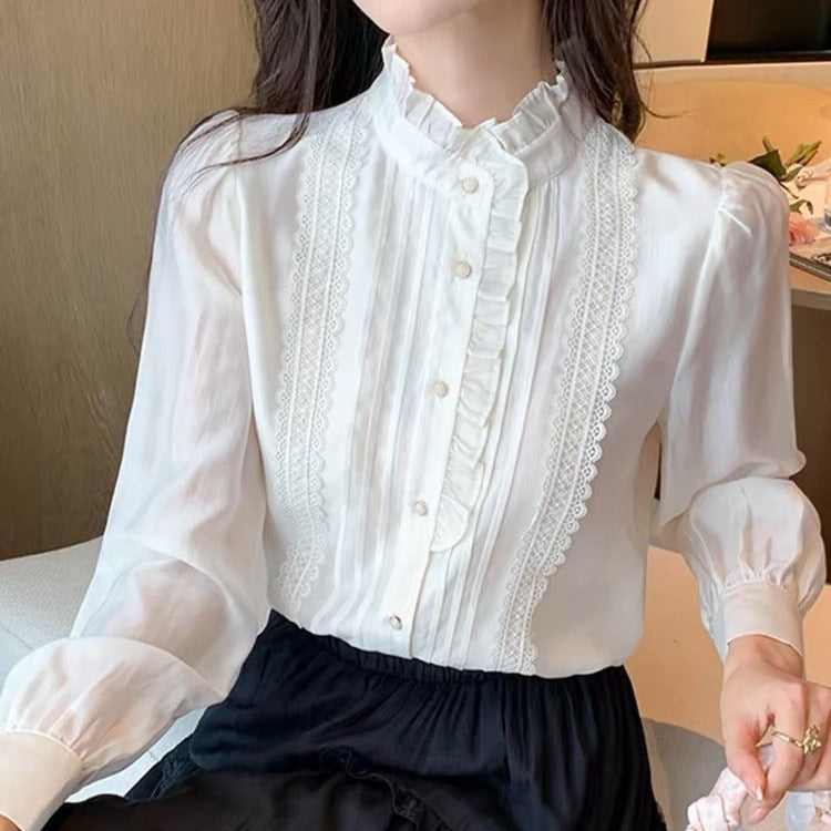 Womens Sophisticated Ruffle-Trim Long-Sleeve Stand-Collar Shirt