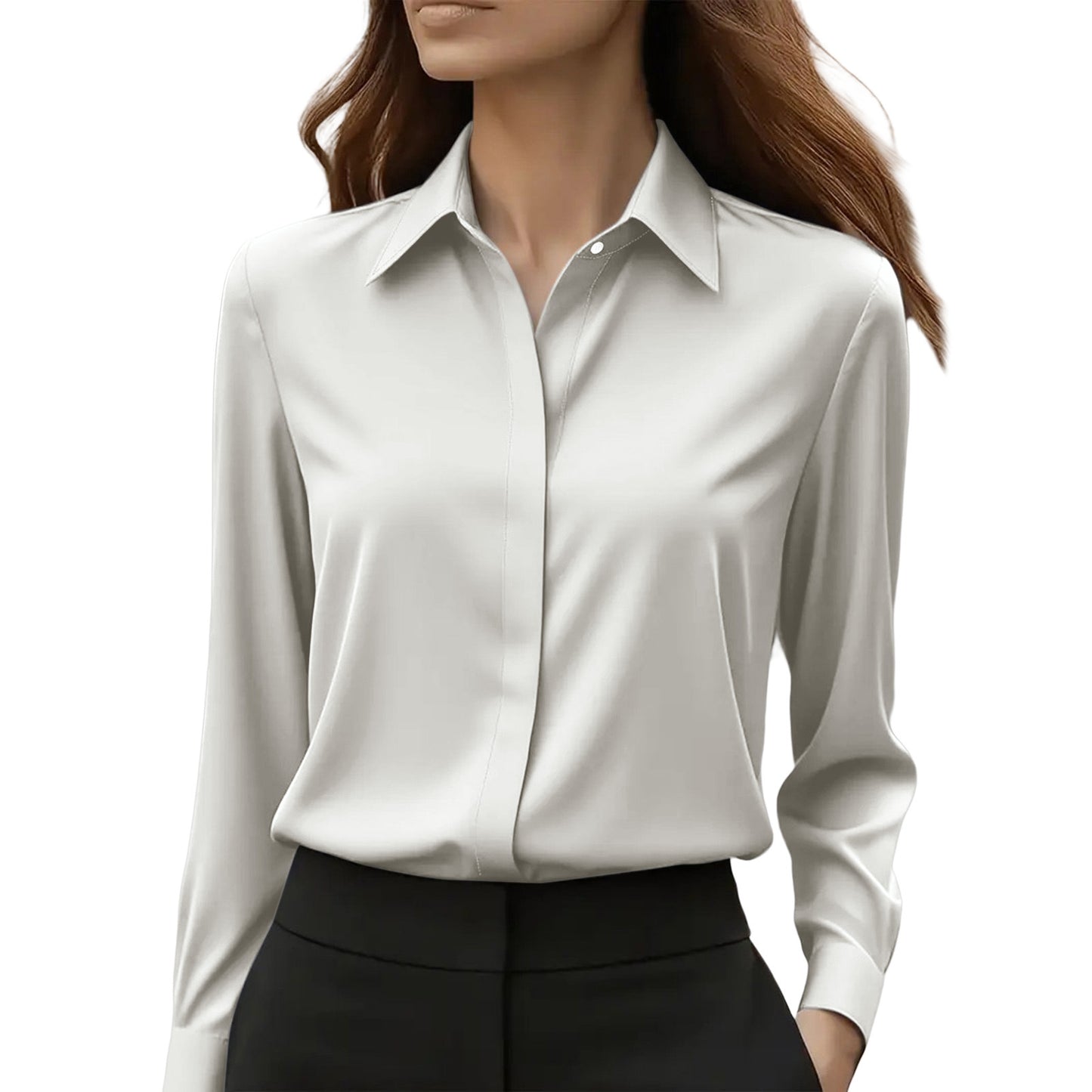 Solid Color Long Sleeve Lapel Satin Blouse