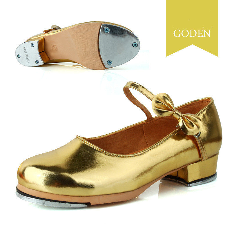 Women's Adult Black Soft Sole Shiny Bow Tap Shoes