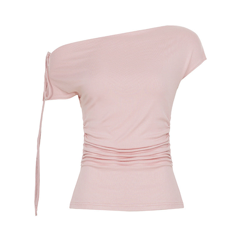 New Slimming Figure-flattering T-shirt With A Soft Off-the-shoulder Design And Shirred Detailing