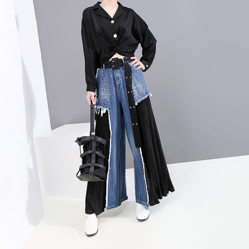 Jeans stitching chiffon wide-leg pants