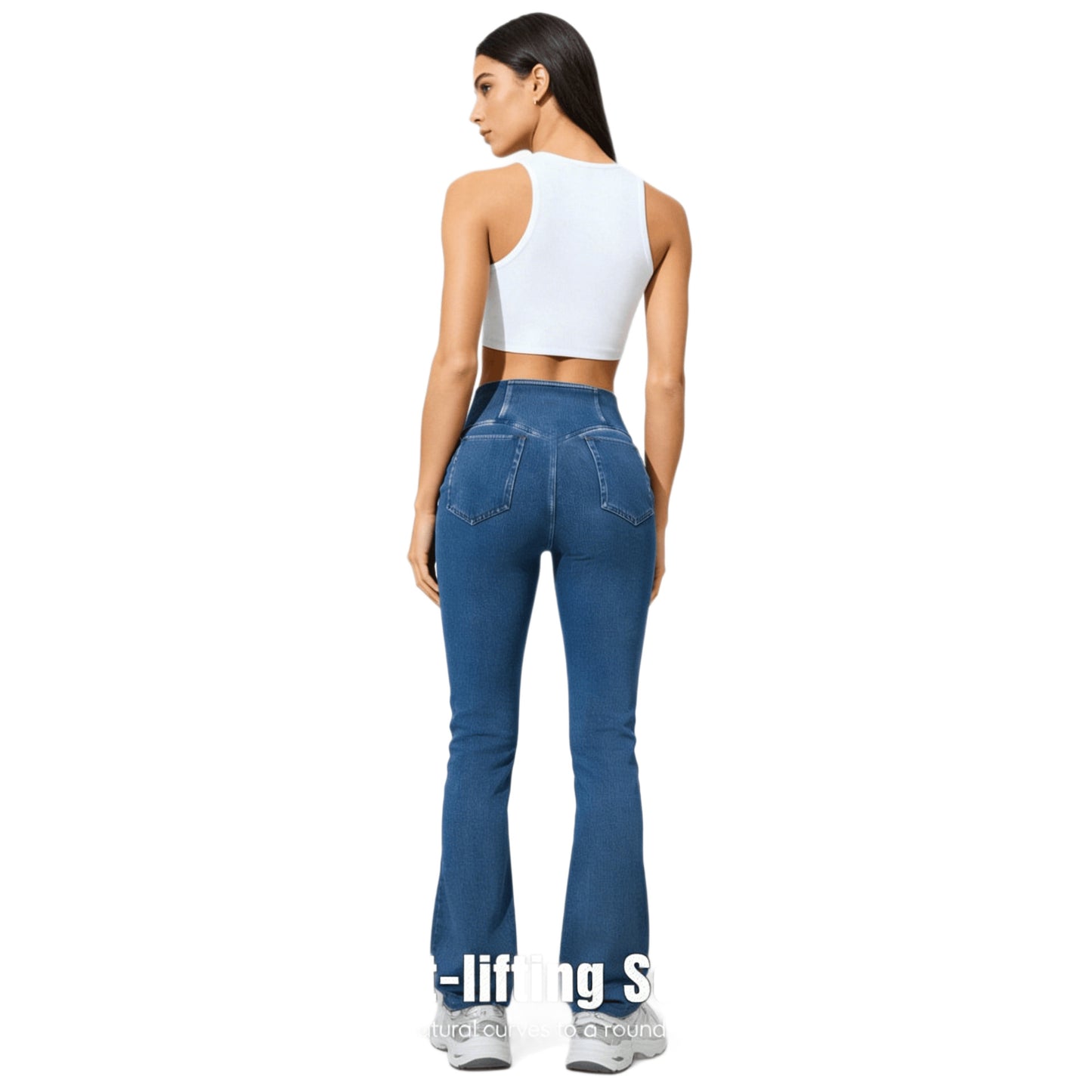 High-elastic, Cross-waist, Faux Denim Flared Pants For A Casual Look
