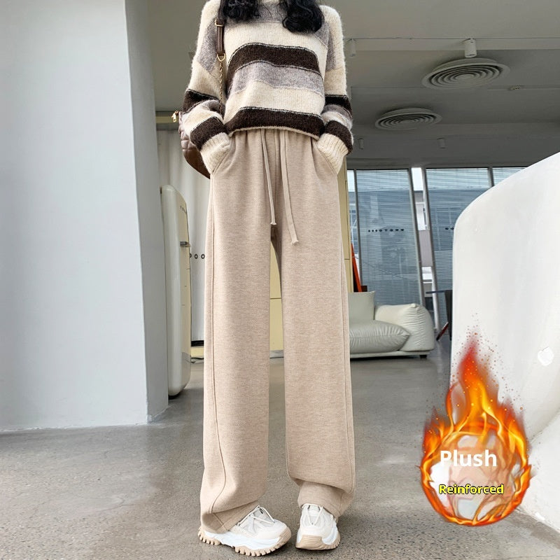 Fleece-lined High Waist Matchet Pants Soft Glutinous Leisure Warm Straight Glutinous Rice Pants