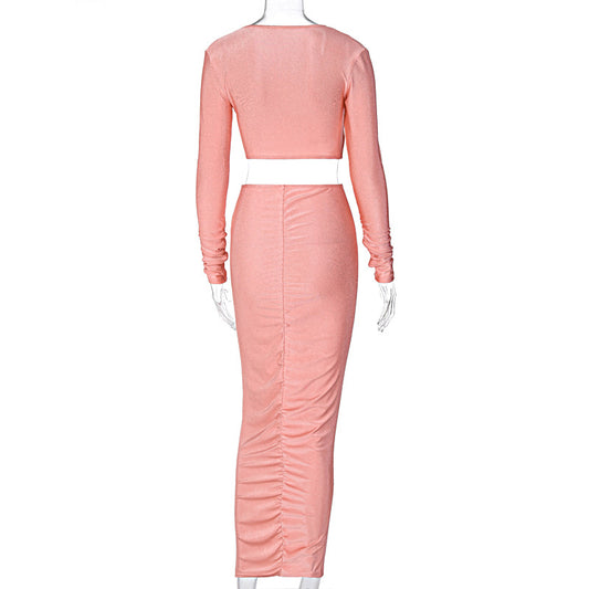 European And American Sexy Fashion Suit New Long-Sleeved V-Neck Blouse Hip Slim Skirt