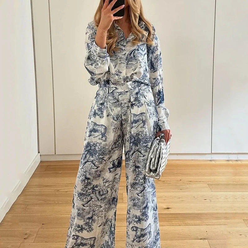 Floral Lapel Shirt Relaxed-Style Early Autumn Fashion Set For Women