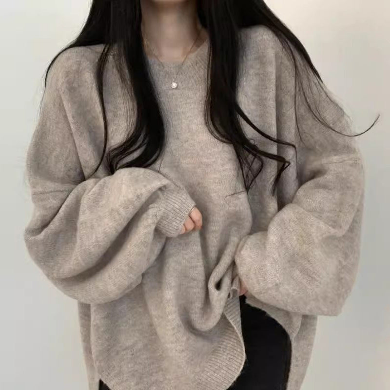 Round Neck Soft Glutinous Loose All-match Side Slit Thermal Sweater For Women