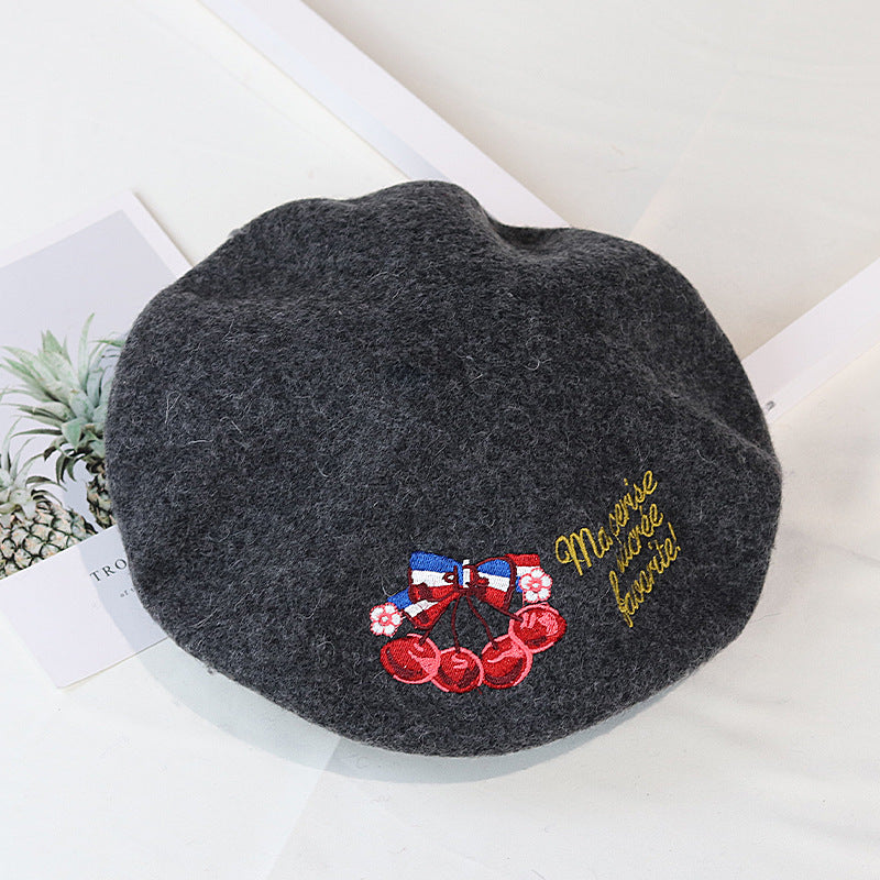 Stitched Ins Style Wool Knit Beret Women's Embroidered Hat