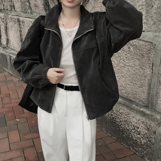 Retro Loose Slimming Versatile Zip Lapel Suede Casual Short Jacket Women
