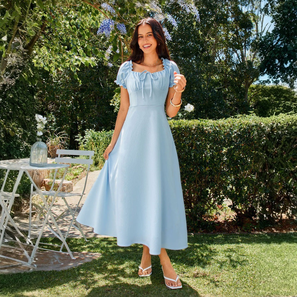 Women's Square-Neck Lace-Up Waist-Cinched Solid-Colored Dress