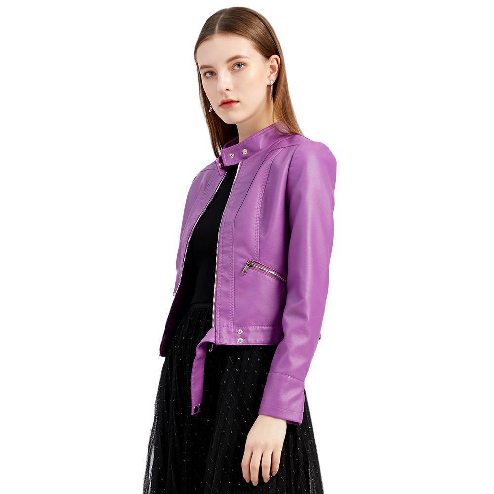 Veste courte en cuir pour femme avec col montant, fine