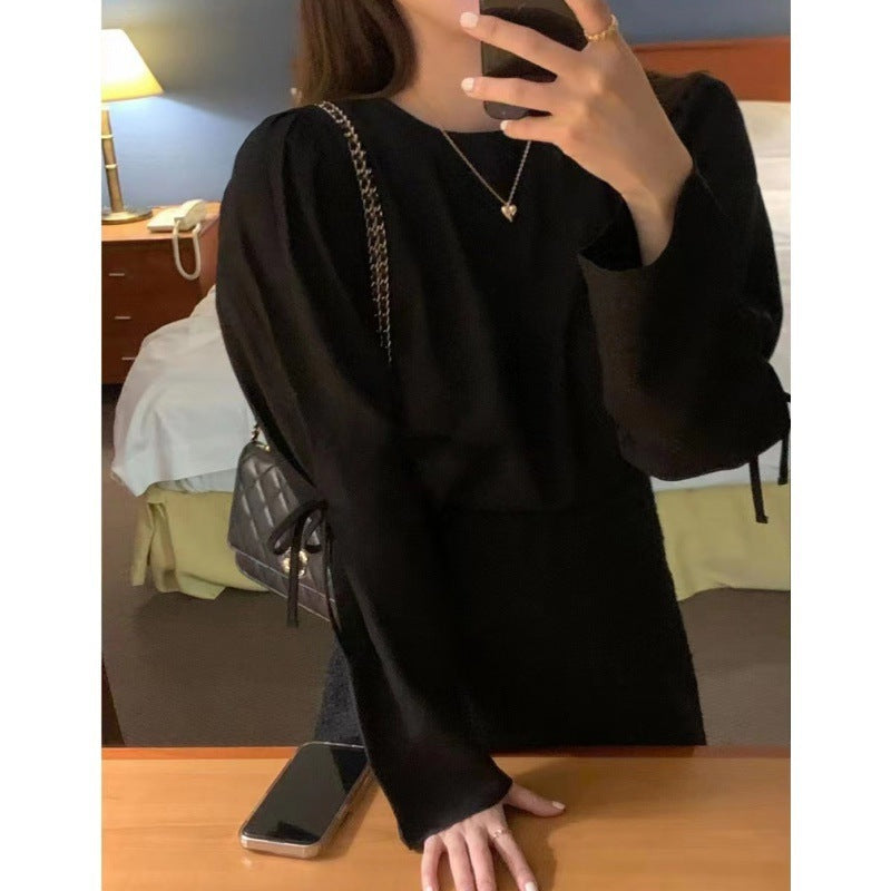 Lace-up Solid Color Gentle And All-match Round Neck Long Sleeve Shirt