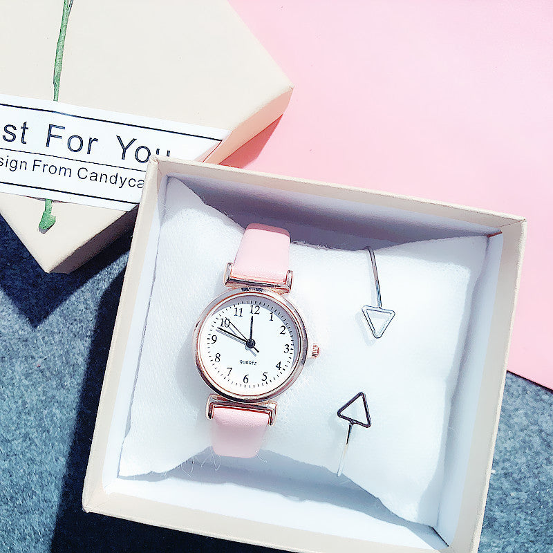 Simple small dial belt quartz watch + triangle bracelet