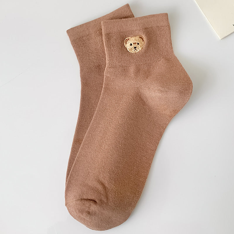 Bear Embroidery Socks Women's Cute Cartoon Teenage Girl Short Tube