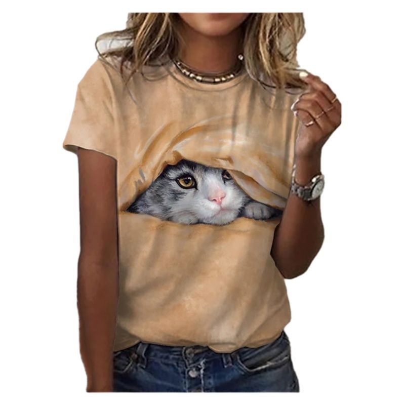 Cat Face Print Summer Women's T Shirt