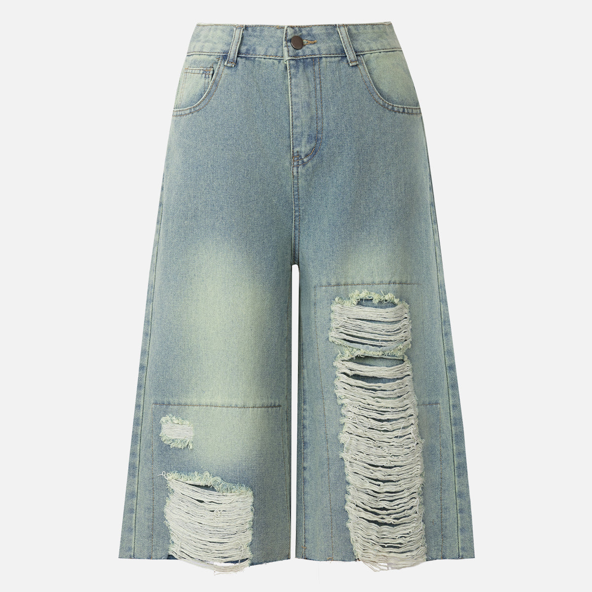 Chic Distressed Denim Loose-fitting Cropped Pants
