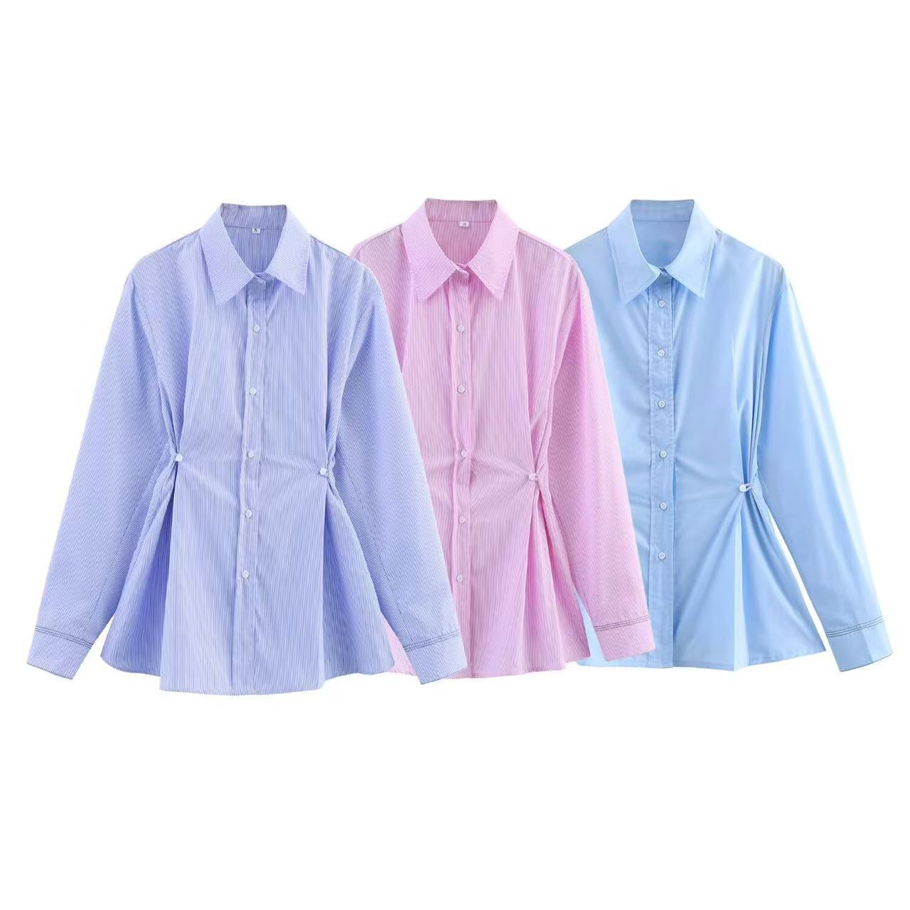 European And American Style French Fashion Waist Button Decoration Oxford Shirt
