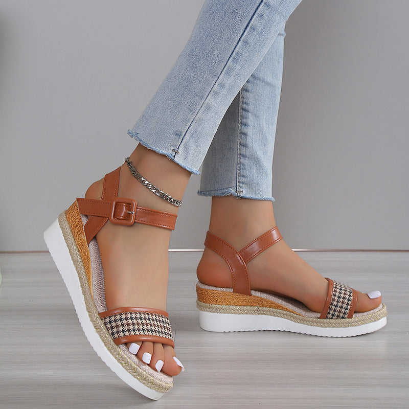 Houndstooth-mønstrede sandaler til kvinder med spænde, sommer, festsko