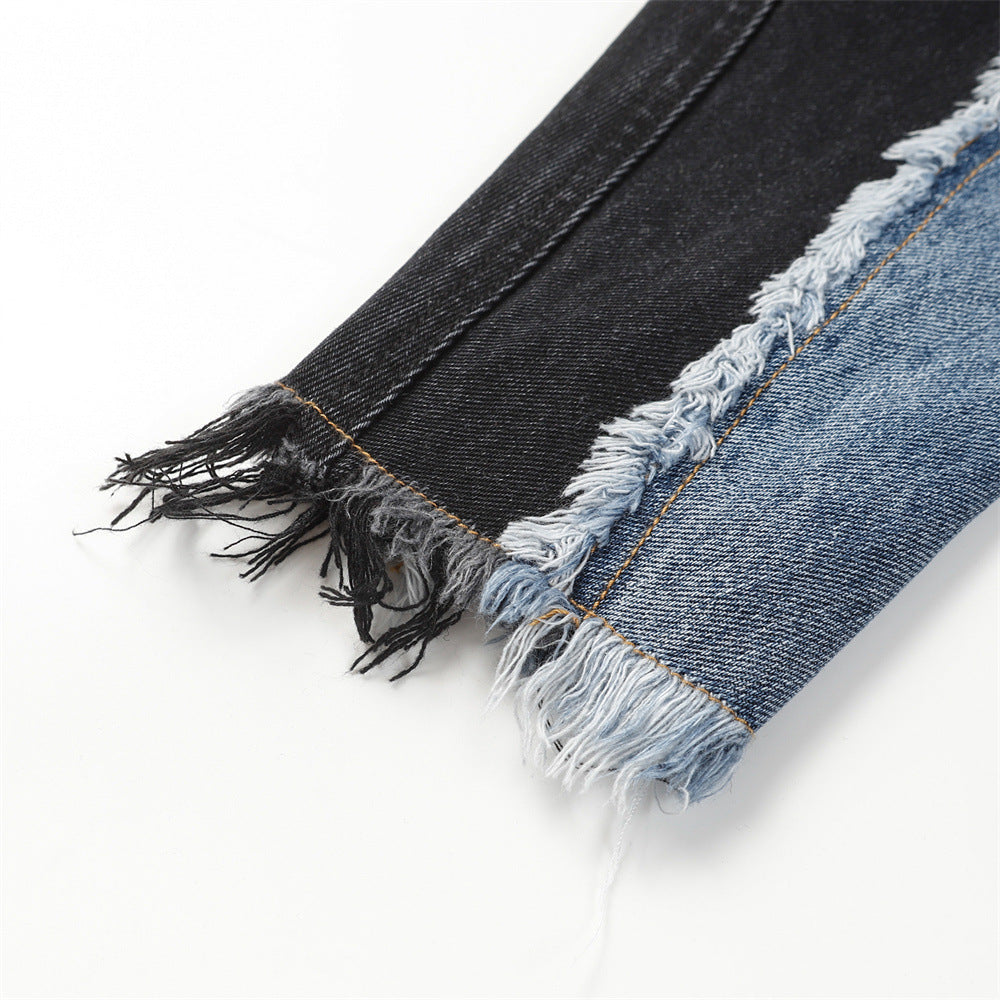 Heavy Industry Distressed Cat Raw-cut Edges Color Matching Machete Sleeve Wash Stand Collar Denim Coat