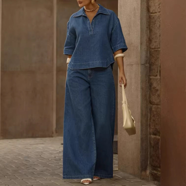 Womens Casual Fashion Denim Top And Wide-Leg Pants Two-Piece Set