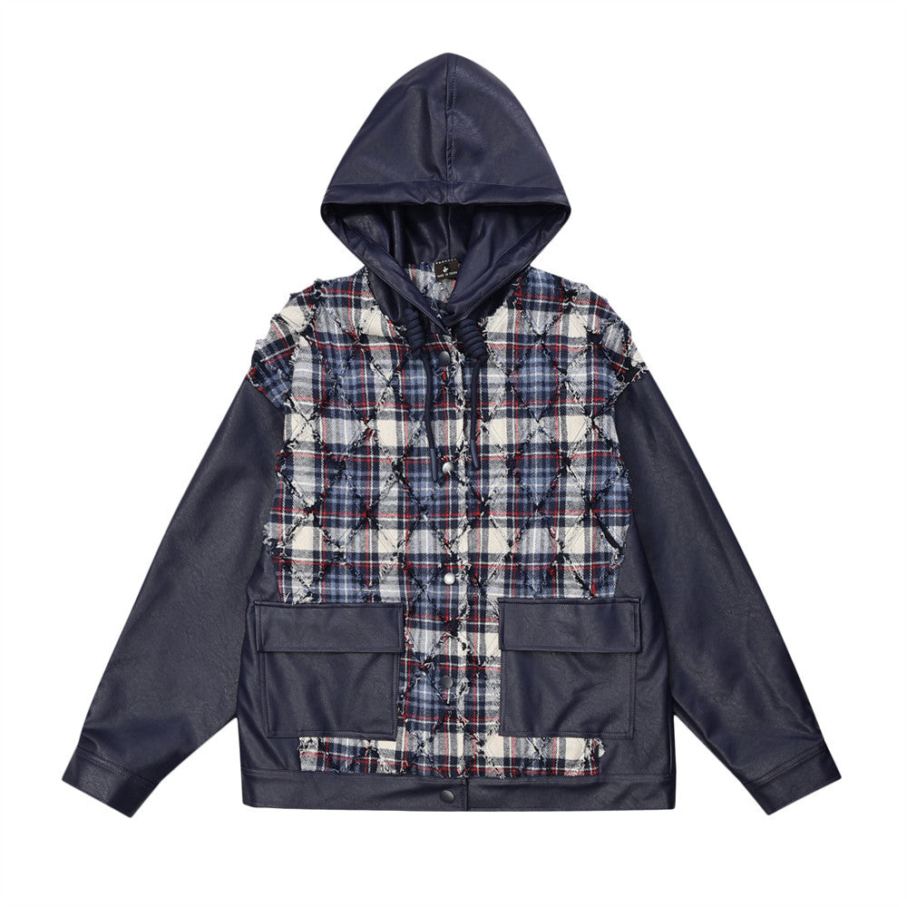 Fake Two-piece PU Leather Stitching Contrast Color Coat
