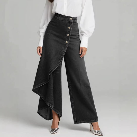 Unikke lige ben bukser mode store flæseknapper bukser dame imiteret jeans tøj