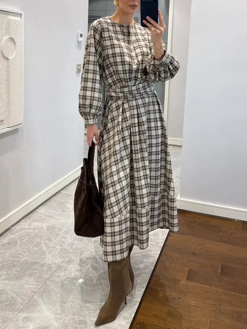 Plaid Digital Print Long-Sleeve Crew-Neck Dress