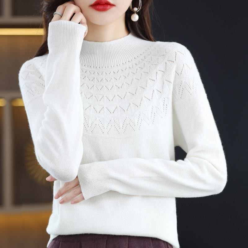 Hollow Wool Base Shirt Women's Clothing Half-collar Wool Sweater