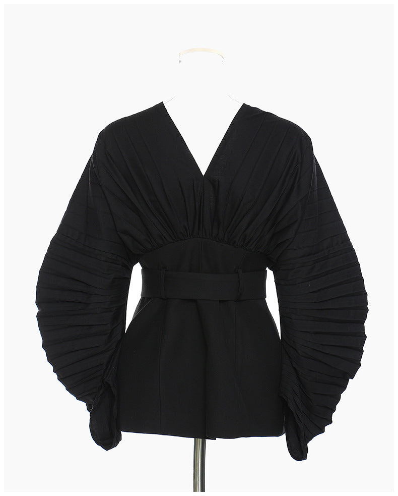 V-neck Heavy Industry Pleated Sleeve Top Waist Coat