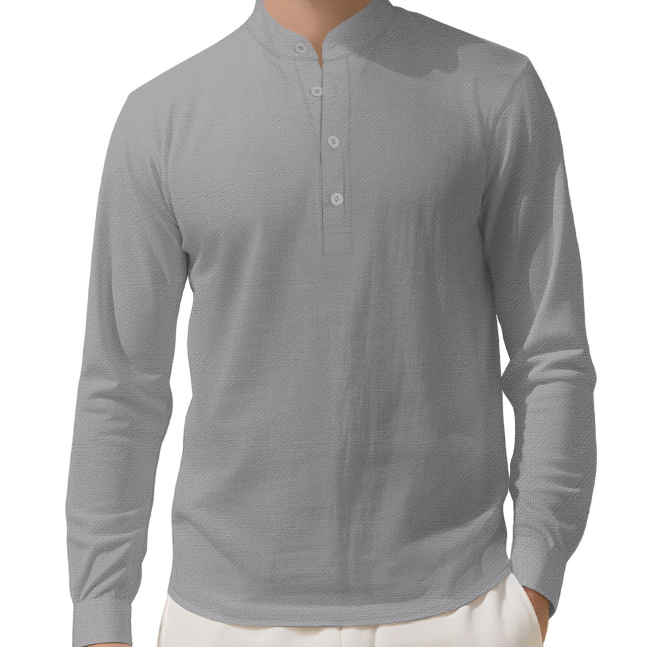 Men's Loose Linen Solid Color Long Sleeve Stand Collar Shirt