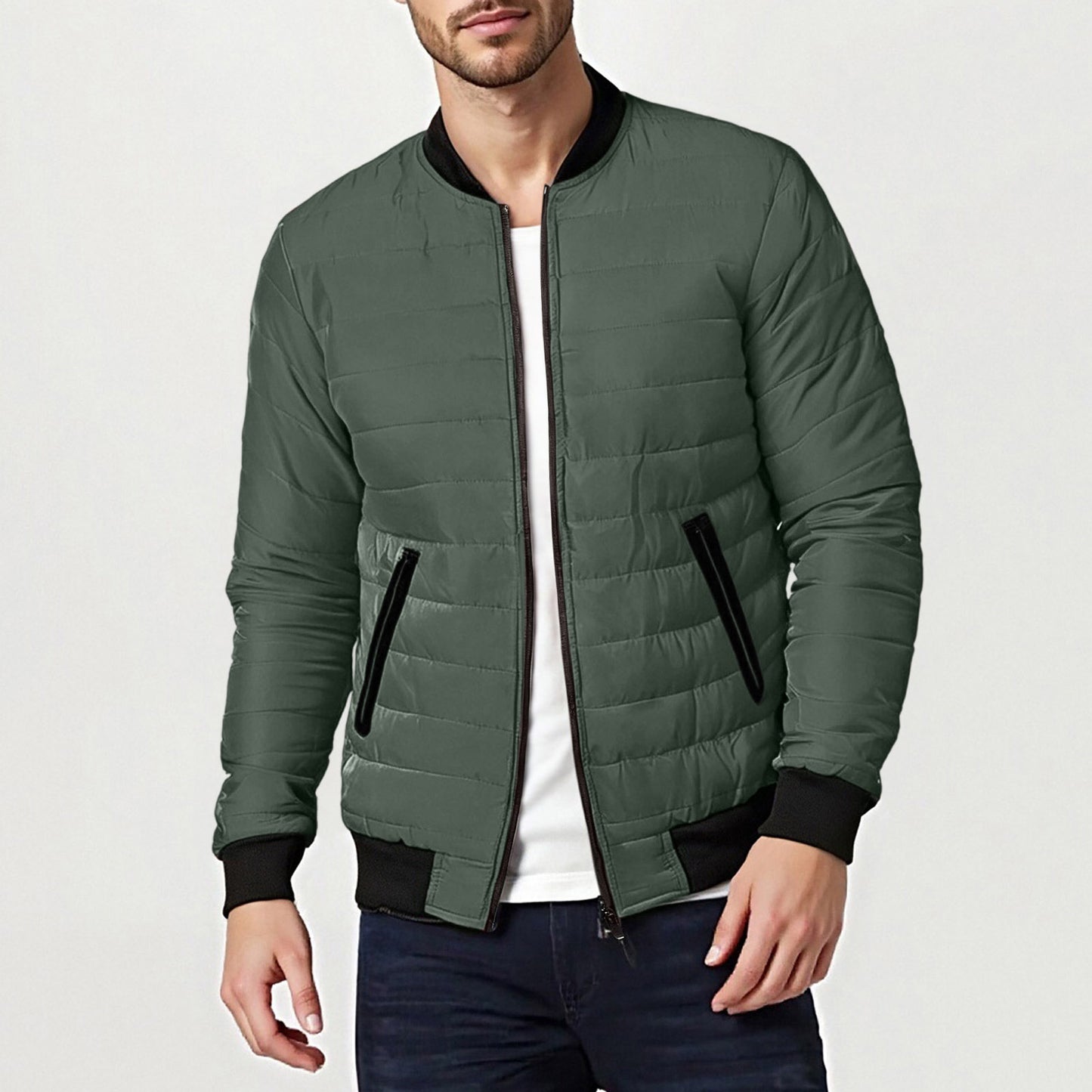 Mens Solid-Color Stand-Up Collar Cotton Padded Jacket Baseball Uniform