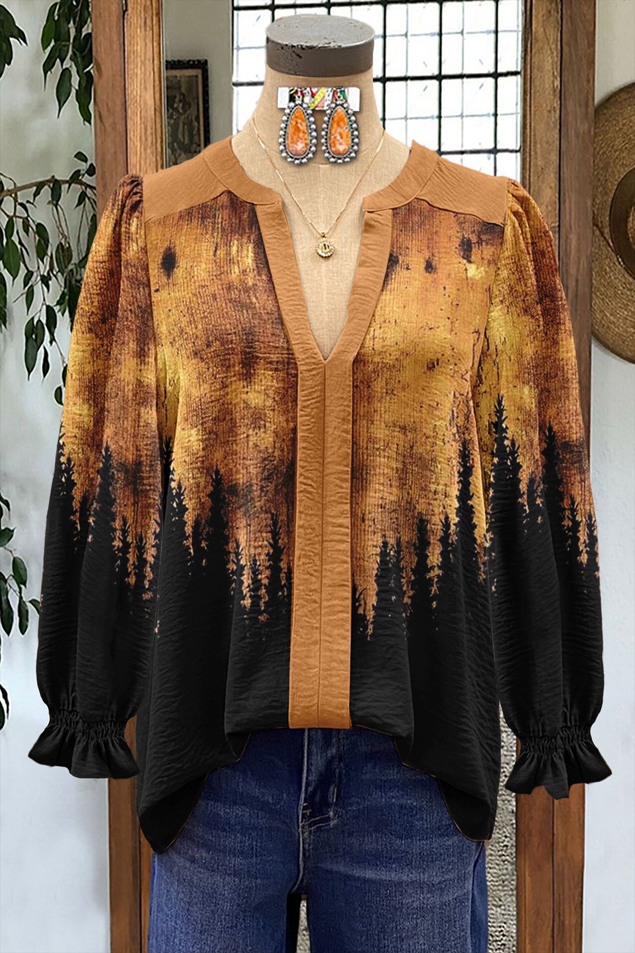 Women's Shirt Loose V-Neck Long Sleeve