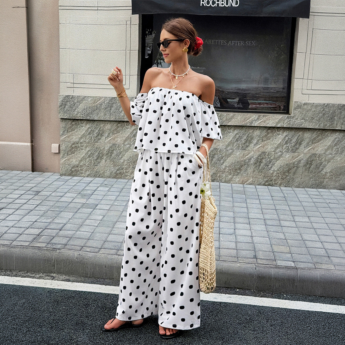 Elegant Casual Commute Fashion Polka-Dot Off-Shoulder Set