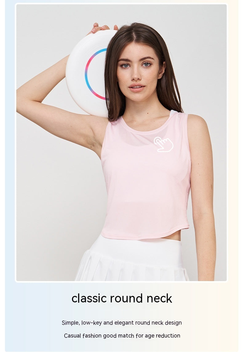Fine Mesh Short-sleeved T-shirt Women's Split Back Sleeveless Cuff Smock Top