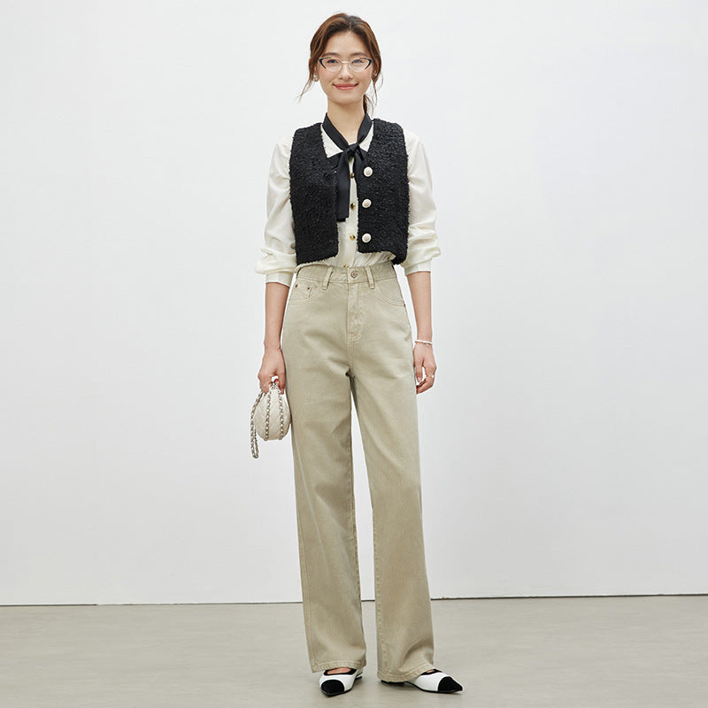 Apricot Wide-leg Draggle-tail Trousers Loose Straight