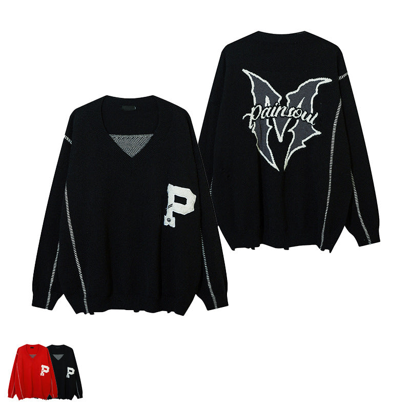 Small High Street Broken V-Neck Black Sweater Male
