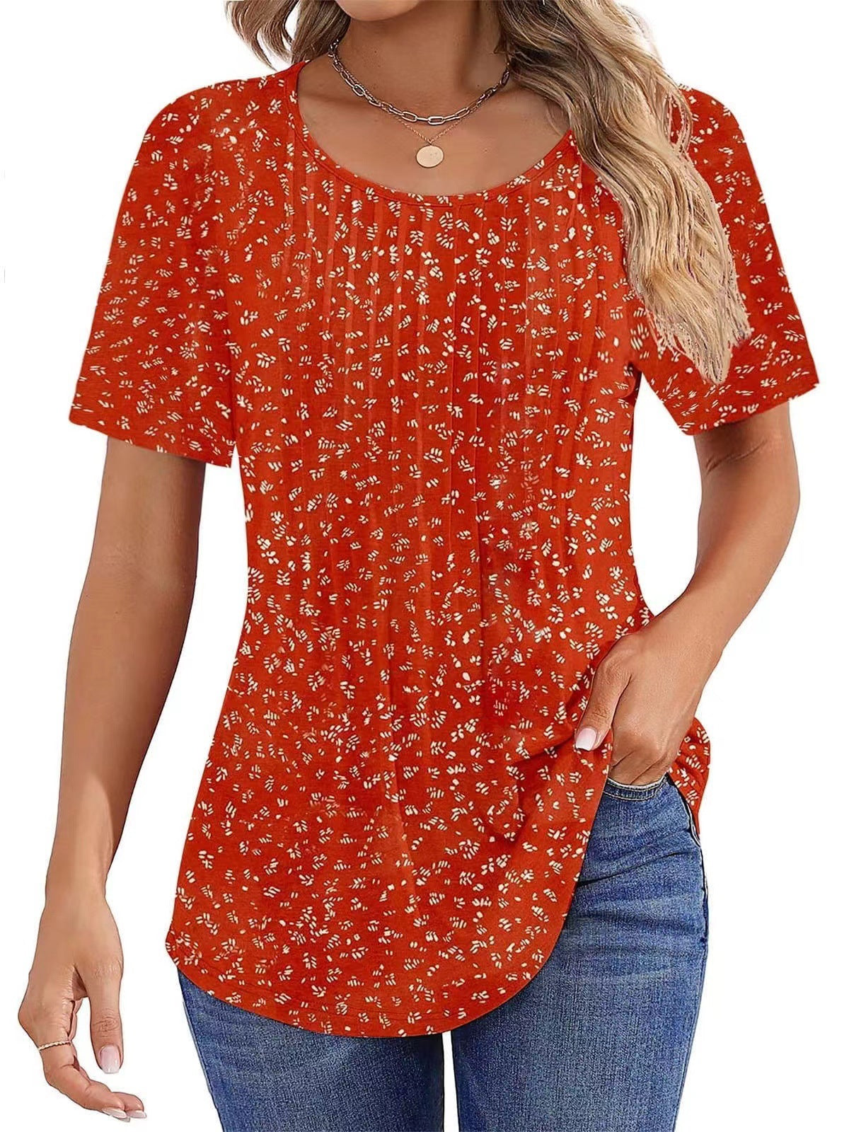 Round Neck Pleated Printed T-shirt